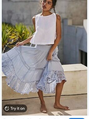 Free People Pale Blue Lace-Trim Tiered Midi Skirt.